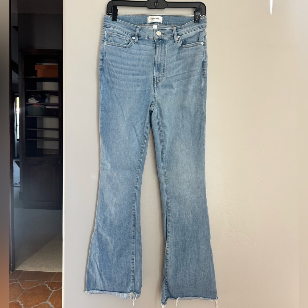 FRAME Le High Flare Raw Hem Jeans 28 Light Wash Boho Y2K Denim Cowgirl Festival